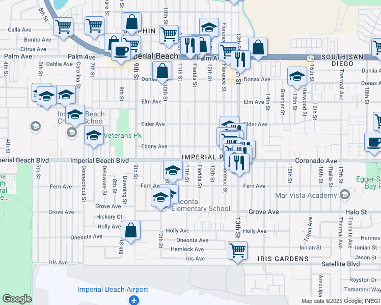 map of restaurants, bars, coffee shops, grocery stores, and more near 1060 Florida Street in Imperial Beach