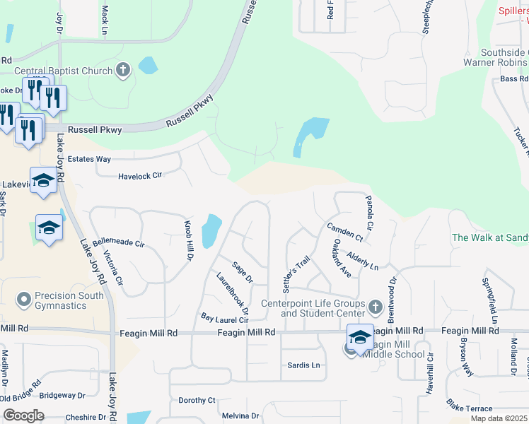 map of restaurants, bars, coffee shops, grocery stores, and more near 701 Bay Laurel Circle in Warner Robins