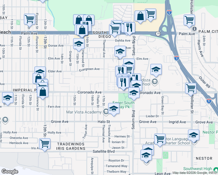 map of restaurants, bars, coffee shops, grocery stores, and more near 1066 Sea Glass Way in San Diego