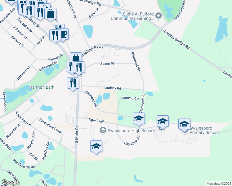 map of restaurants, bars, coffee shops, grocery stores, and more near 154 Lindsey Road in Swainsboro