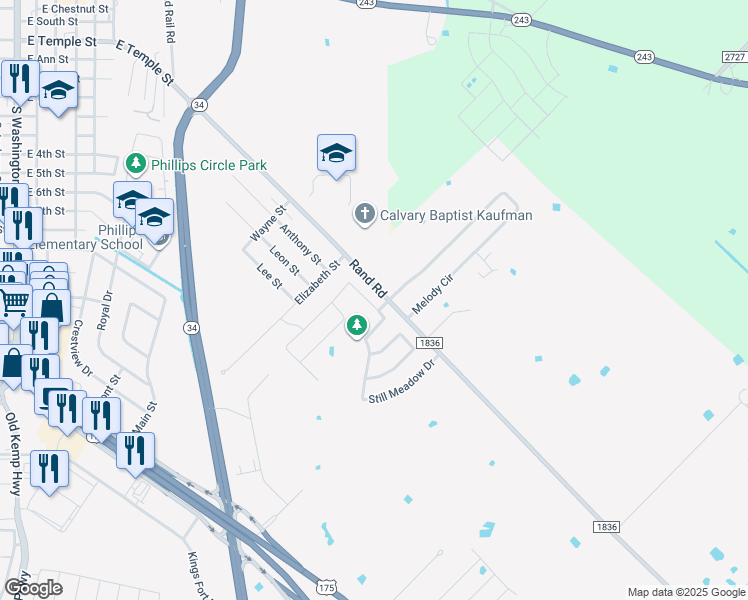 map of restaurants, bars, coffee shops, grocery stores, and more near 1901 Sandy Knoll Lane in Kaufman