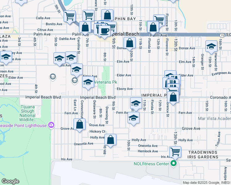 map of restaurants, bars, coffee shops, grocery stores, and more near 1059 9th Street in Imperial Beach