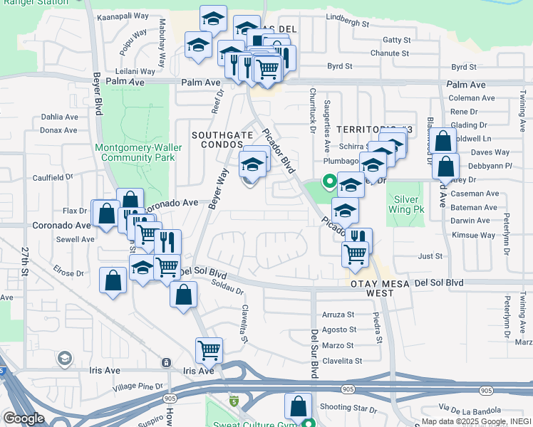 map of restaurants, bars, coffee shops, grocery stores, and more near 1011 Beyer Way in San Diego