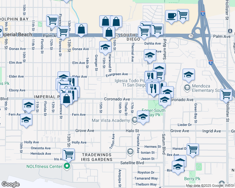 map of restaurants, bars, coffee shops, grocery stores, and more near 1606 Coronado Avenue in San Diego