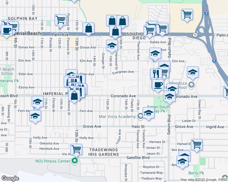 map of restaurants, bars, coffee shops, grocery stores, and more near 1548 Coronado Avenue in San Diego