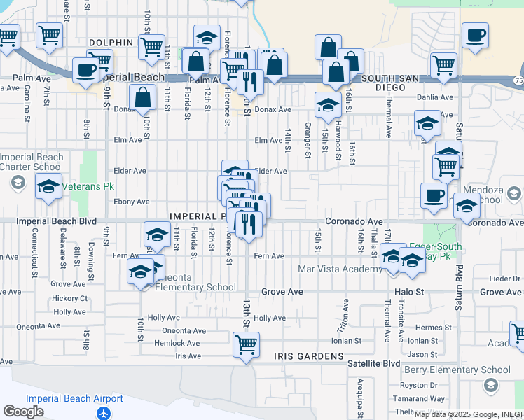 map of restaurants, bars, coffee shops, grocery stores, and more near in Imperial Beach