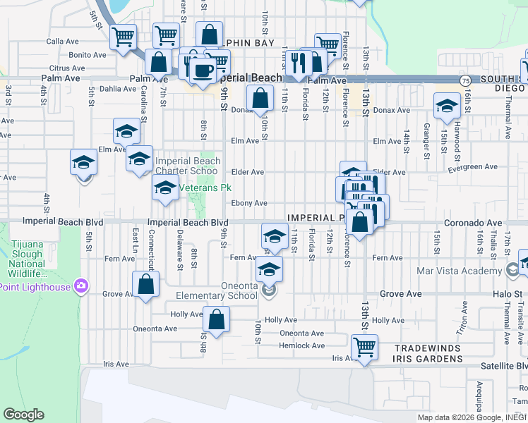 map of restaurants, bars, coffee shops, grocery stores, and more near 1062 10th Street in Imperial Beach