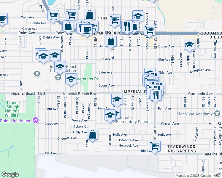 map of restaurants, bars, coffee shops, grocery stores, and more near 1062 10th Street in Imperial Beach
