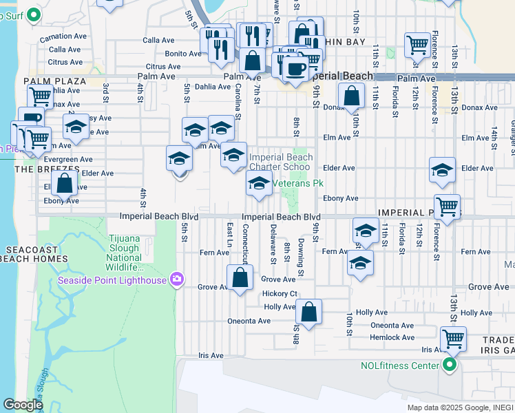 map of restaurants, bars, coffee shops, grocery stores, and more near 1087 Connecticut Street in Imperial Beach