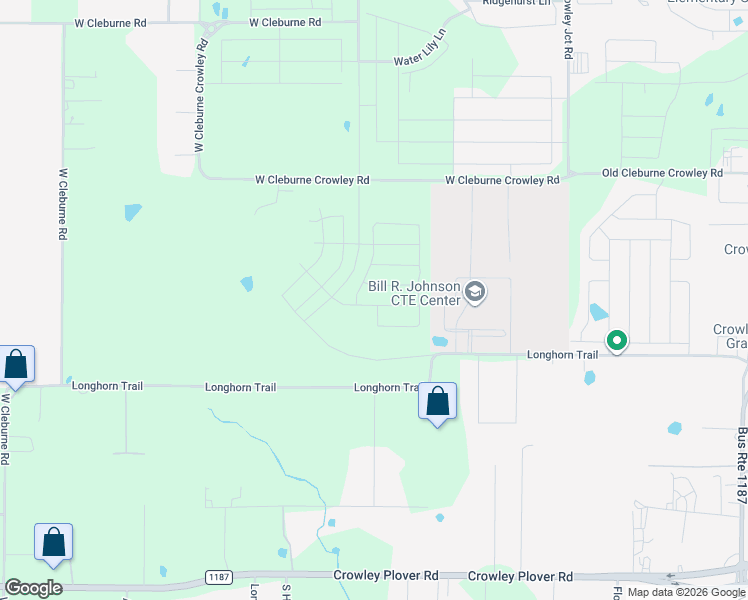 map of restaurants, bars, coffee shops, grocery stores, and more near 1950 Longhorn Trail in Crowley