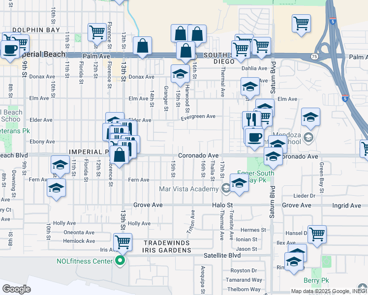 map of restaurants, bars, coffee shops, grocery stores, and more near 1548 Coronado Avenue in San Diego