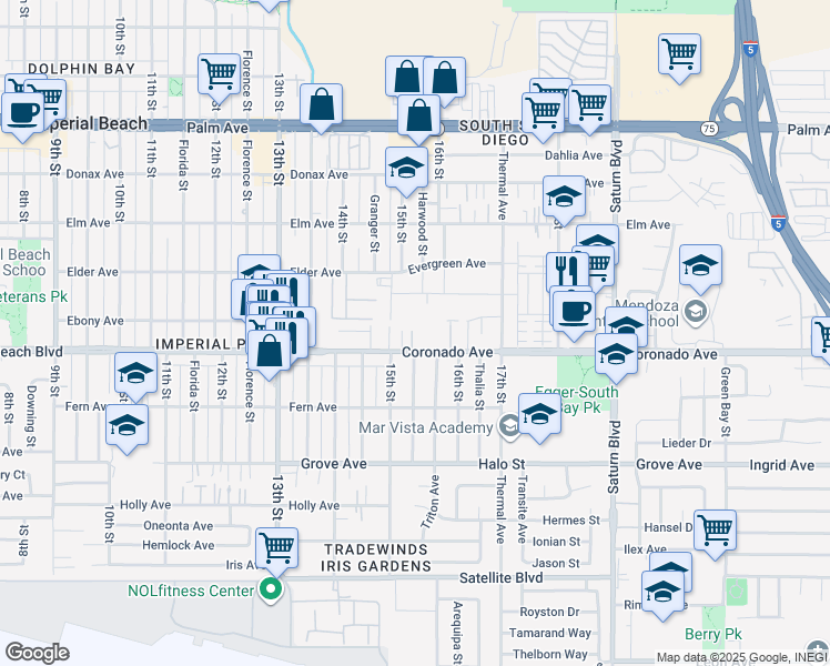 map of restaurants, bars, coffee shops, grocery stores, and more near 1548 Coronado Avenue in San Diego