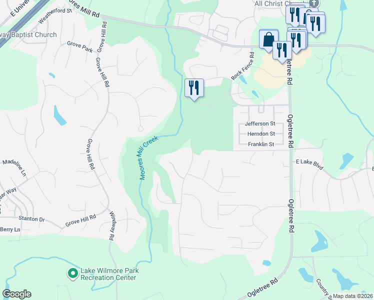 map of restaurants, bars, coffee shops, grocery stores, and more near Fairway Dr in Auburn