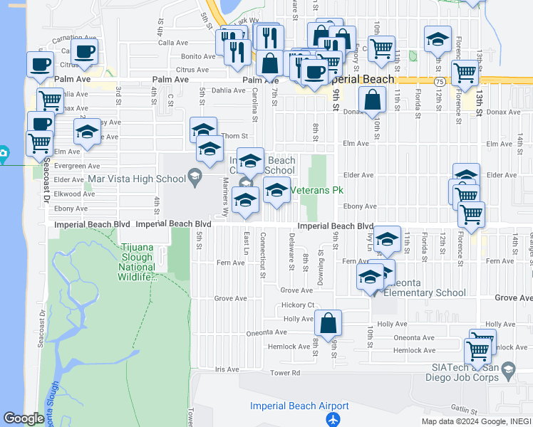 map of restaurants, bars, coffee shops, grocery stores, and more near 1077 Connecticut Street in Imperial Beach