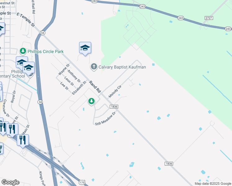 map of restaurants, bars, coffee shops, grocery stores, and more near 2105 Melody Circle in Kaufman