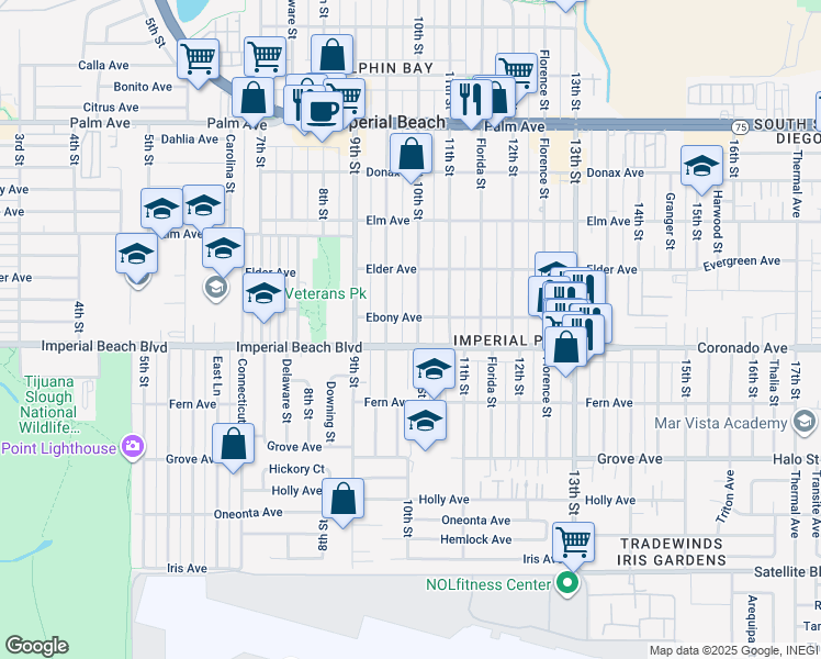 map of restaurants, bars, coffee shops, grocery stores, and more near 1062 10th Street in Imperial Beach