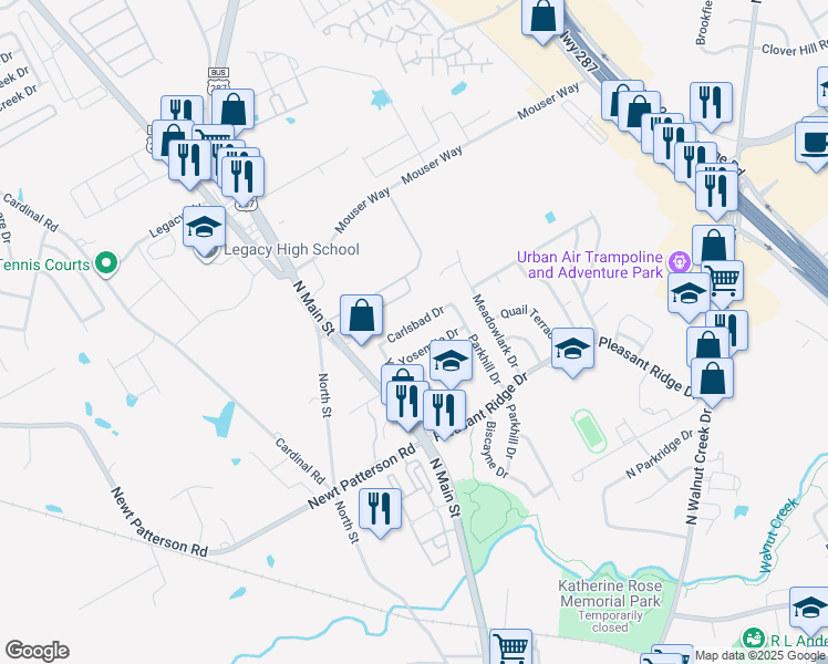 map of restaurants, bars, coffee shops, grocery stores, and more near 114 Carlsbad Drive in Mansfield