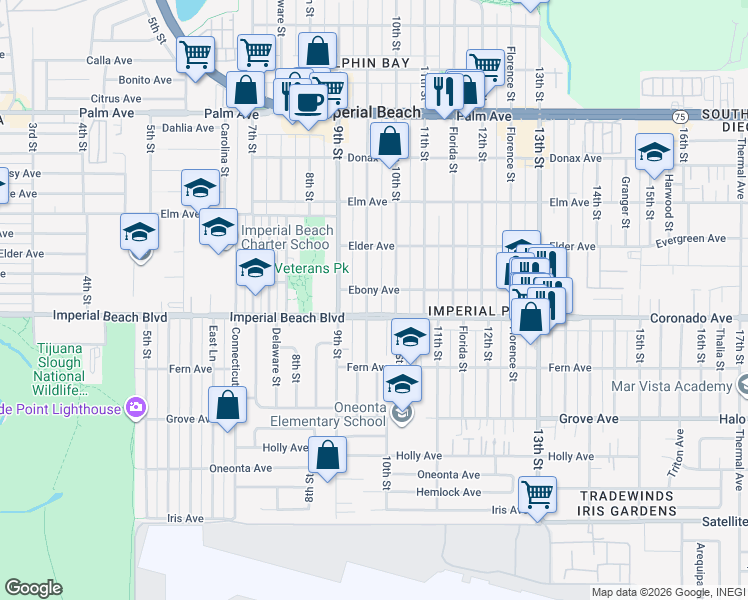 map of restaurants, bars, coffee shops, grocery stores, and more near 1059 Emory Street in Imperial Beach