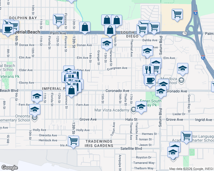map of restaurants, bars, coffee shops, grocery stores, and more near 1548 Coronado Avenue in San Diego