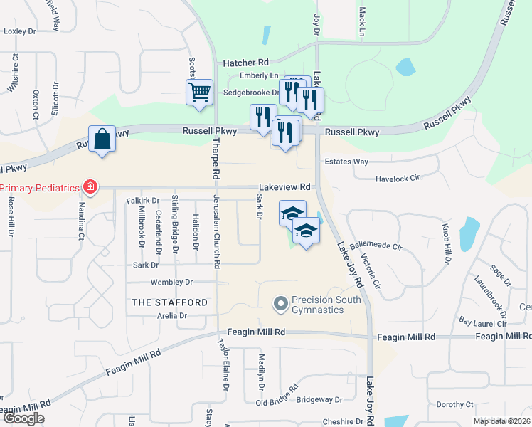 map of restaurants, bars, coffee shops, grocery stores, and more near 713 Sark Drive in Warner Robins