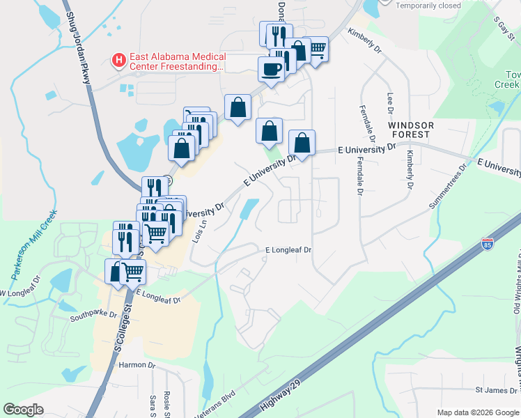 map of restaurants, bars, coffee shops, grocery stores, and more near 164 East University Drive in Auburn