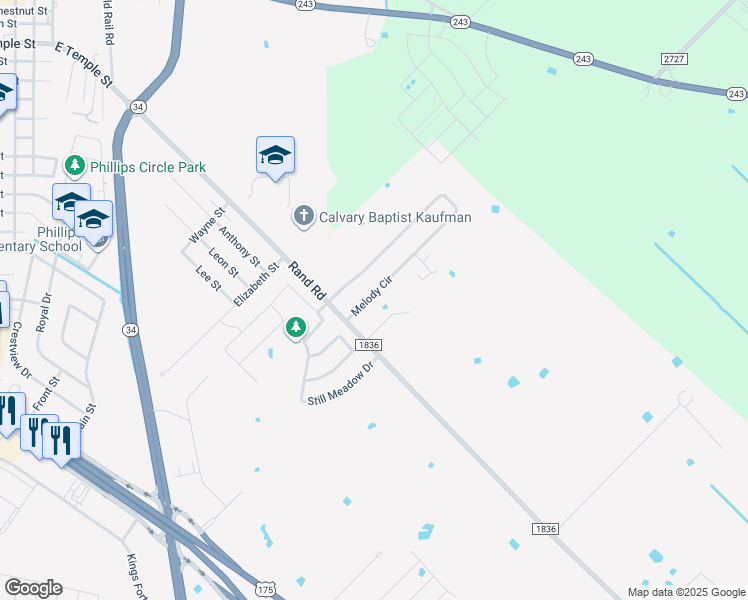 map of restaurants, bars, coffee shops, grocery stores, and more near 2105 Melody Circle in Kaufman