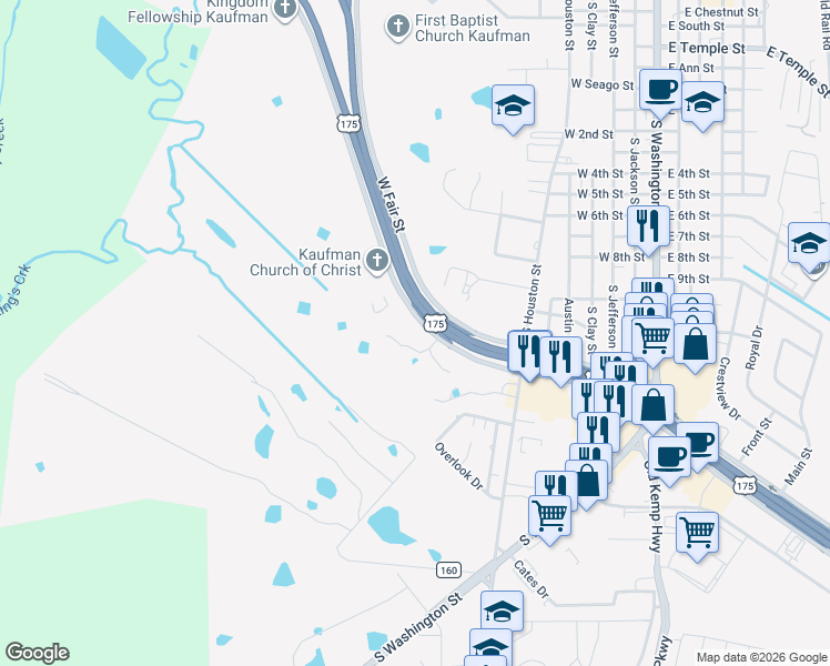 map of restaurants, bars, coffee shops, grocery stores, and more near 21 Oak Creek Drive in Kaufman