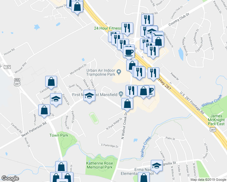 map of restaurants, bars, coffee shops, grocery stores, and more near 715 Nightingale Circle in Mansfield