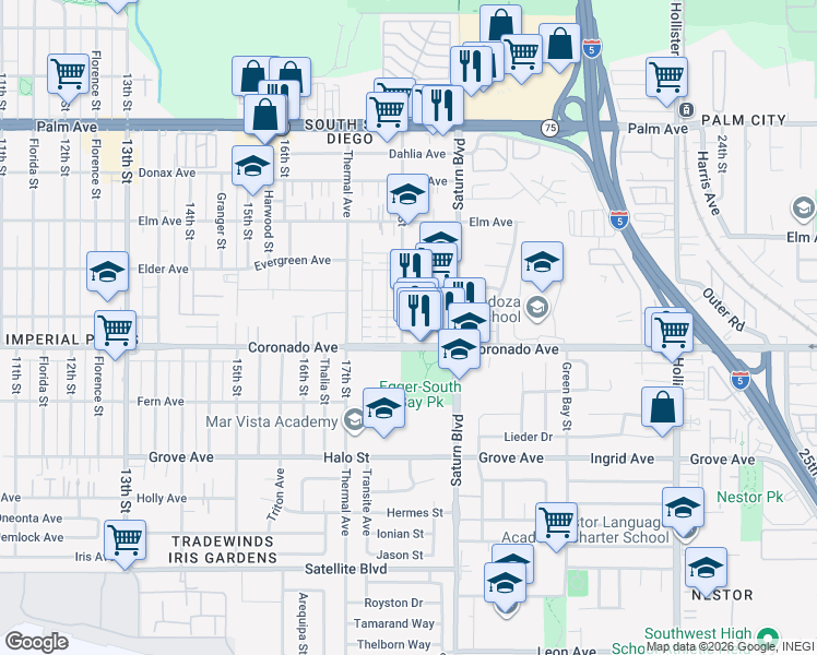 map of restaurants, bars, coffee shops, grocery stores, and more near 1061 18th Street in San Diego