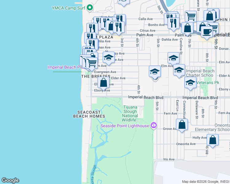 map of restaurants, bars, coffee shops, grocery stores, and more near 228 Imperial Beach Boulevard in Imperial Beach