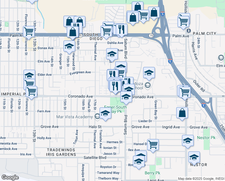 map of restaurants, bars, coffee shops, grocery stores, and more near 1061 18th Street in San Diego