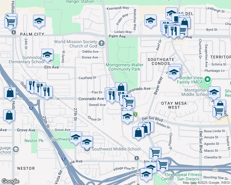 map of restaurants, bars, coffee shops, grocery stores, and more near 2930 Coronado Avenue in San Diego