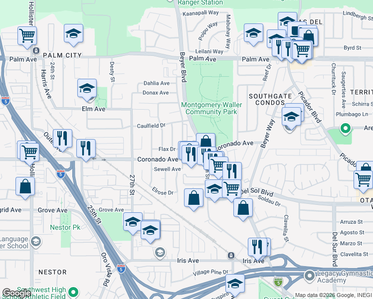 map of restaurants, bars, coffee shops, grocery stores, and more near 1077 Madden Avenue in San Diego