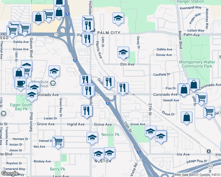 map of restaurants, bars, coffee shops, grocery stores, and more near 1090 Outer Road in San Diego