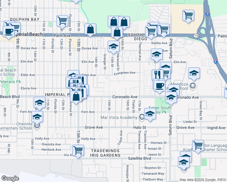 map of restaurants, bars, coffee shops, grocery stores, and more near 1548 Coronado Avenue in San Diego
