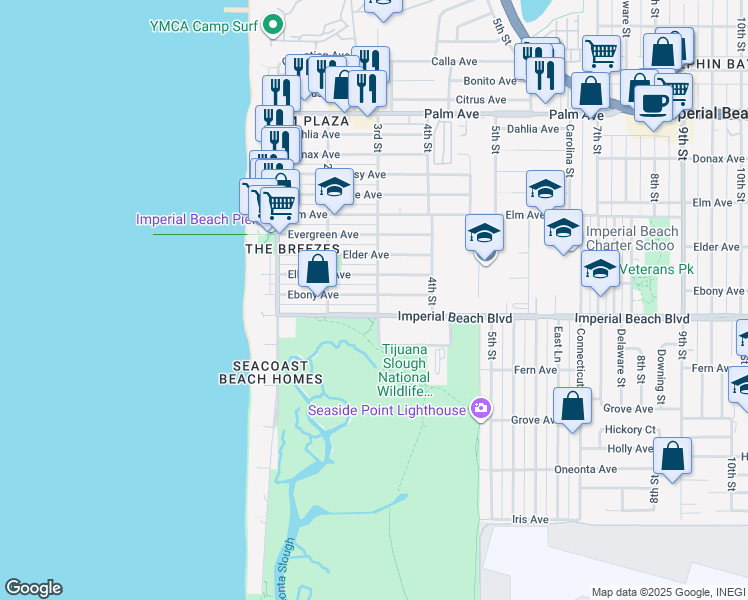 map of restaurants, bars, coffee shops, grocery stores, and more near in Imperial Beach