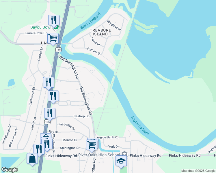 map of restaurants, bars, coffee shops, grocery stores, and more near 127 Bayou Bend Rd in Monroe