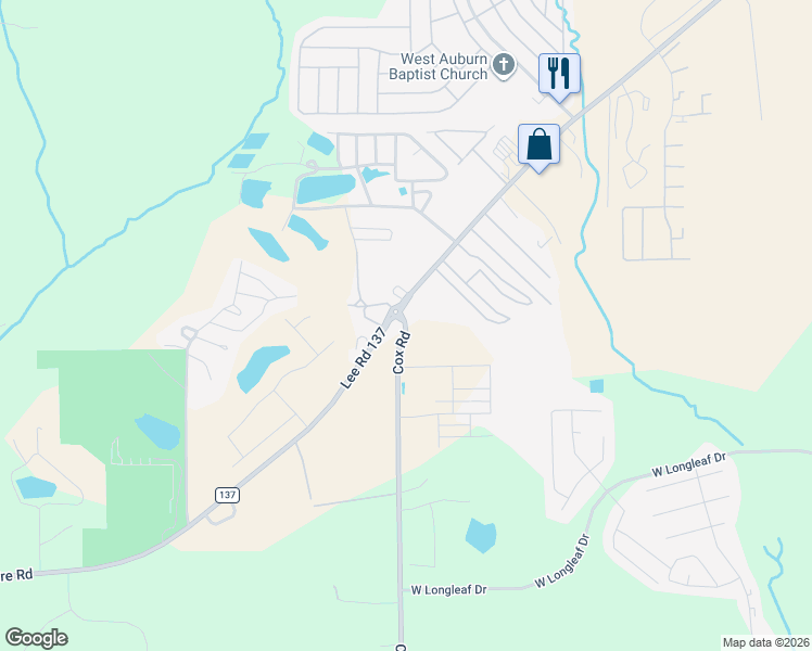 map of restaurants, bars, coffee shops, grocery stores, and more near 1754 Cox Road in Auburn