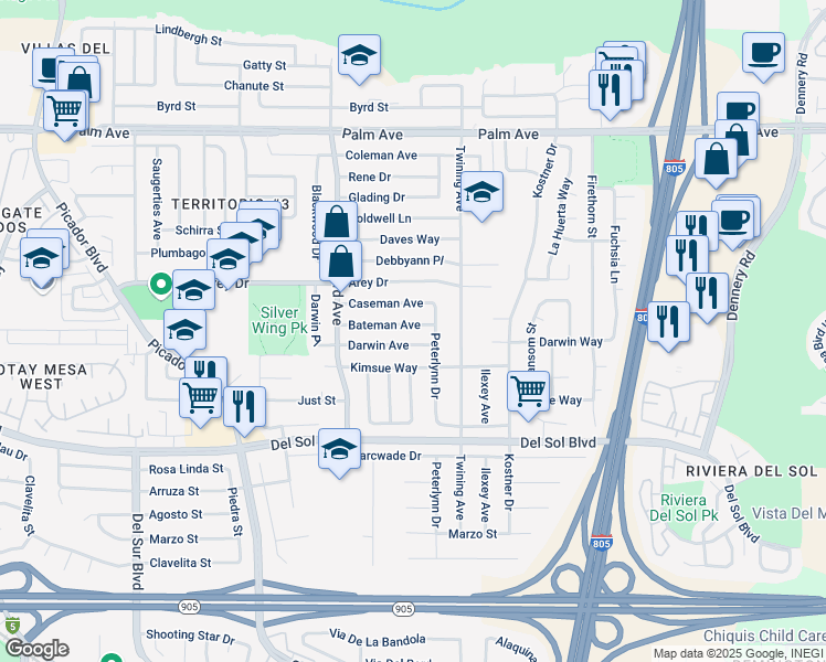 map of restaurants, bars, coffee shops, grocery stores, and more near 4006 Darwin Avenue in San Diego