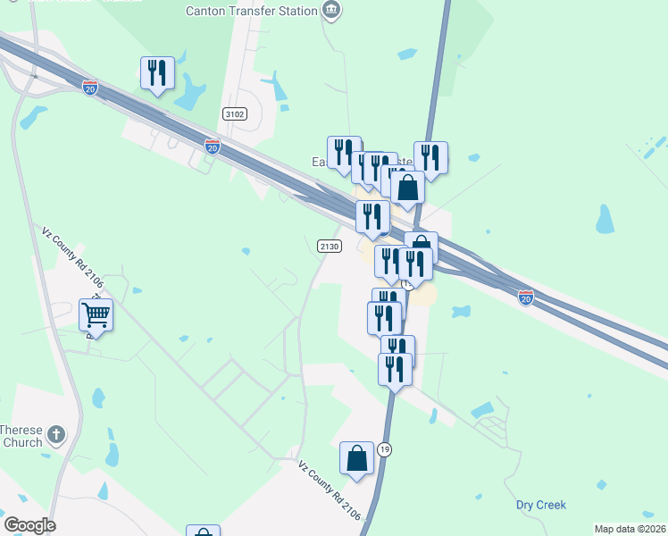 map of restaurants, bars, coffee shops, grocery stores, and more near 2251 North Trade Days Boulevard in Canton