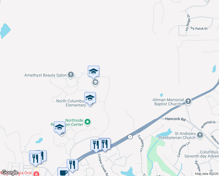 map of restaurants, bars, coffee shops, grocery stores, and more near Cooper Creek Rd in Fortson