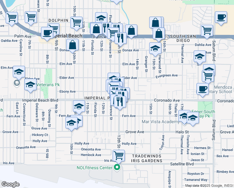 map of restaurants, bars, coffee shops, grocery stores, and more near 1056 13th Street in Imperial Beach