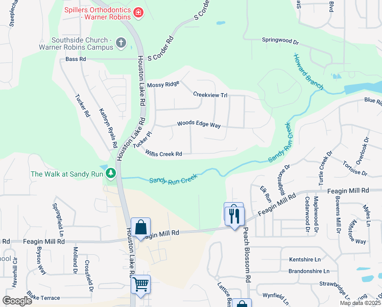 map of restaurants, bars, coffee shops, grocery stores, and more near 112 Alton Woods Drive in Warner Robins