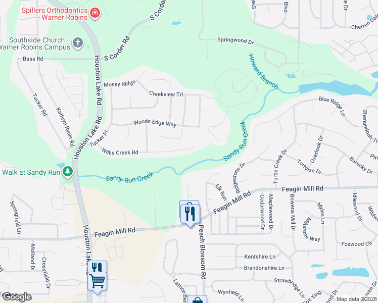 map of restaurants, bars, coffee shops, grocery stores, and more near 230 Willis Creek Road in Warner Robins