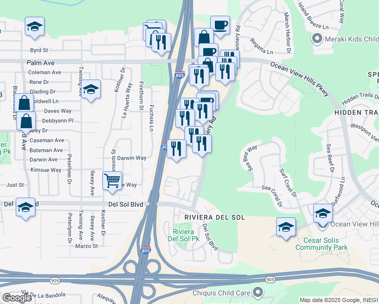 map of restaurants, bars, coffee shops, grocery stores, and more near in San Diego