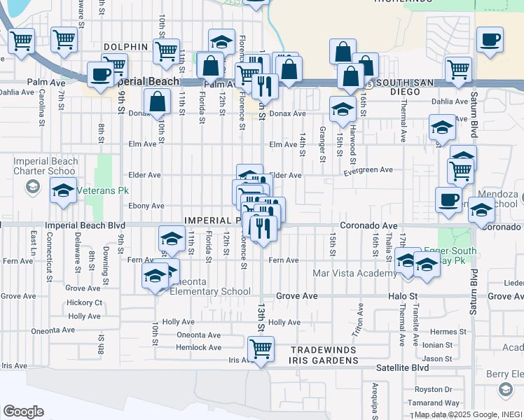 map of restaurants, bars, coffee shops, grocery stores, and more near in Imperial Beach