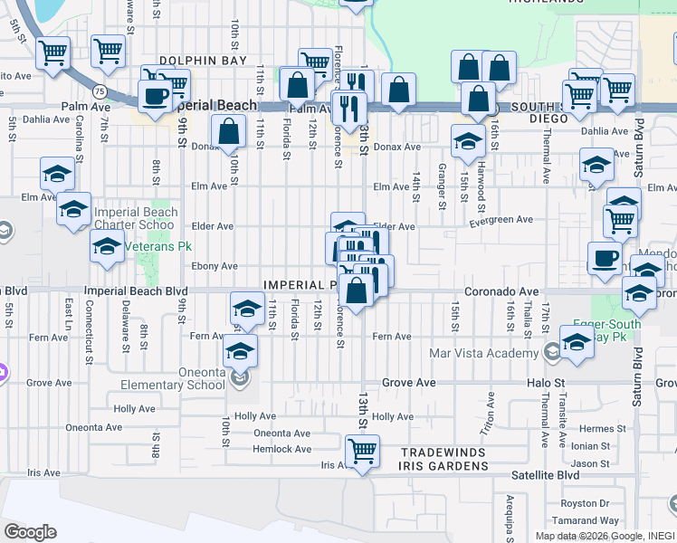 map of restaurants, bars, coffee shops, grocery stores, and more near 1256 Imperial Beach Boulevard in Imperial Beach