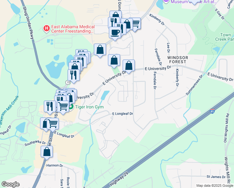 map of restaurants, bars, coffee shops, grocery stores, and more near 164 East University Drive in Auburn