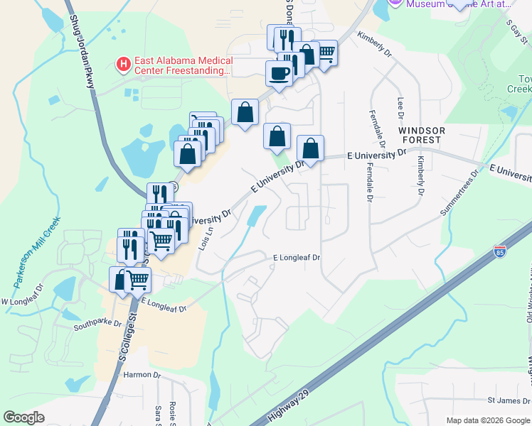 map of restaurants, bars, coffee shops, grocery stores, and more near 164 East University Drive in Auburn