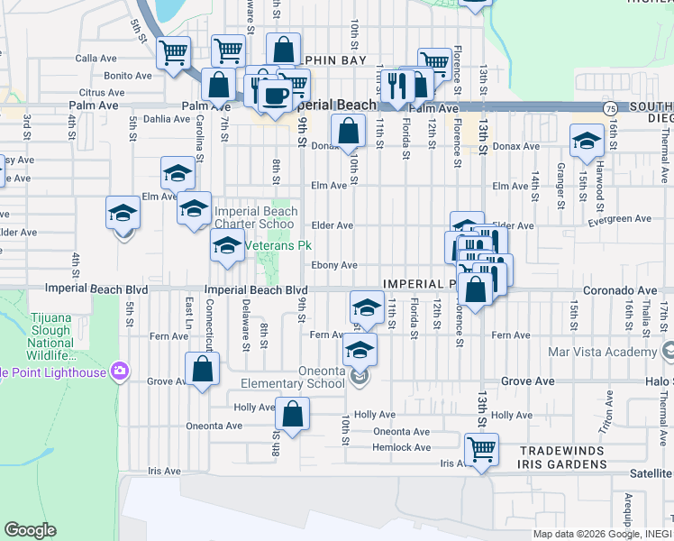map of restaurants, bars, coffee shops, grocery stores, and more near 1053 Emory Street in Imperial Beach